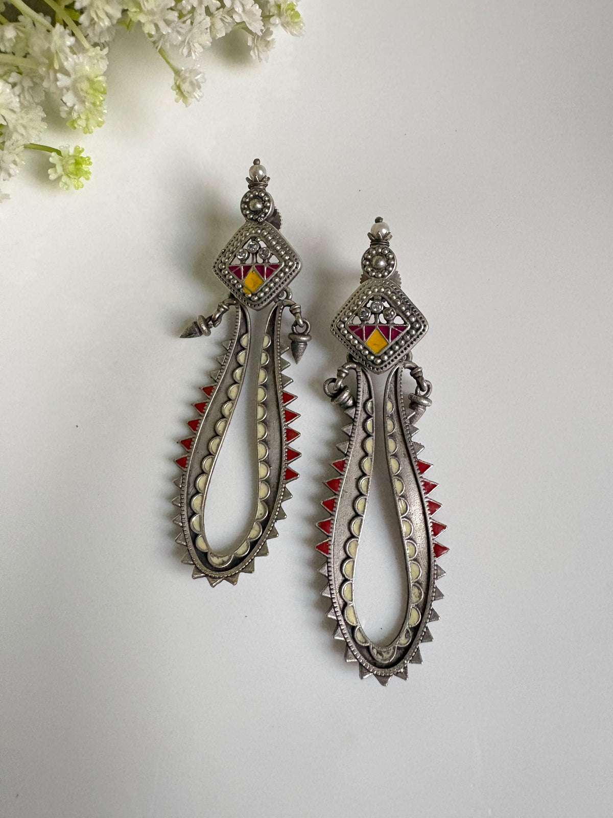 Rangrez Hand-Painted Multicolour Oxidised Silver Look Long Earrings