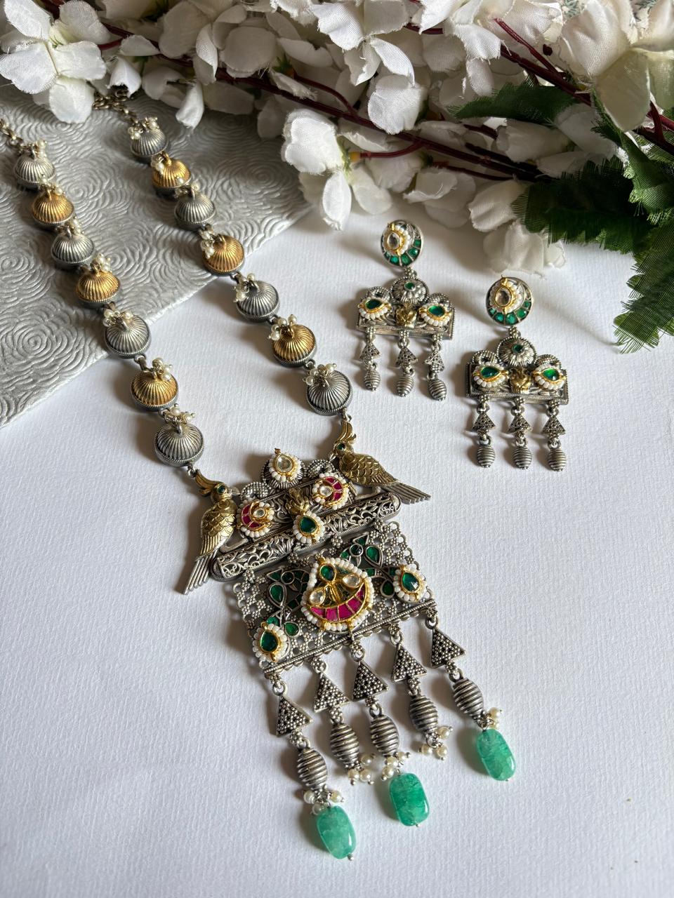 Kundan Fusion Dual Tone Long Necklace Set with Earrings | SLA Finish Brass Jewellery  Limited Edition | Alankrent | AK-20260111-KF15 by Alankrent