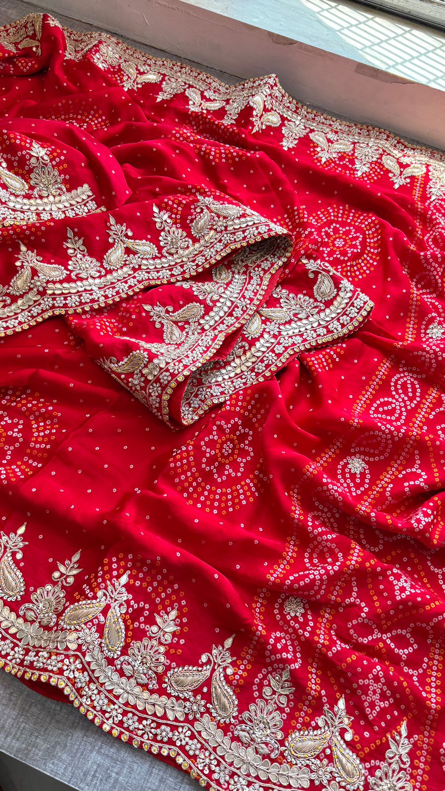 Luxury Gajji Silk Bandhani Saree with Zardozi & Gotapatti Work – Designer Bridal Saree