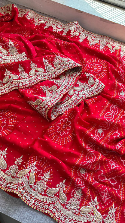 Luxury Gajji Silk Bandhani Saree with Zardozi & Gotapatti Work – Designer Bridal Saree