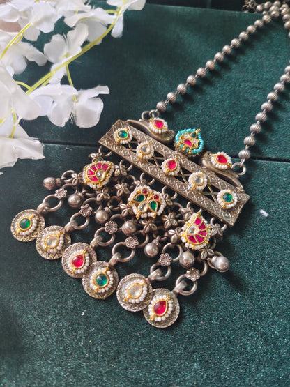 Mayurika Dual Tone Kundan Long Pendant Necklace | SLA Silver Look-Alike Statement Necklace
