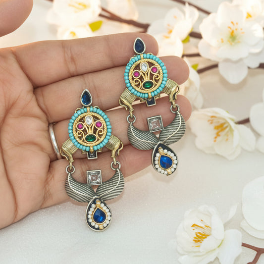 Turquoise Heritage Pacchi Kundan Fusion Earrings in German Silver | Alankrent Luxe