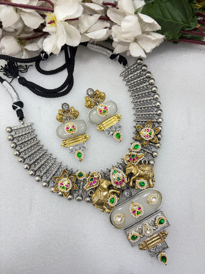 Gajavallabha Dual Tone Kundan Fusion Necklace Set with Earrings | Premium SLA Heritage Jewellery