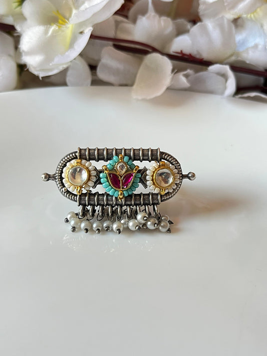 Nayra Lotus Charm – Oxidized Kundan Adjustable Ring