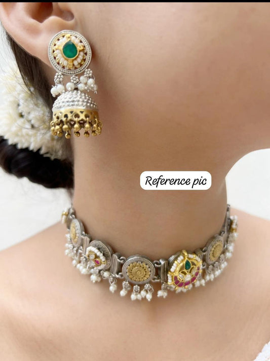 Bestseller Kundan Dual Tone Choker with Jhumkis | Brass Base Silver Look Alike Polish | Kundan Fusion Necklace Set – Limited Edition