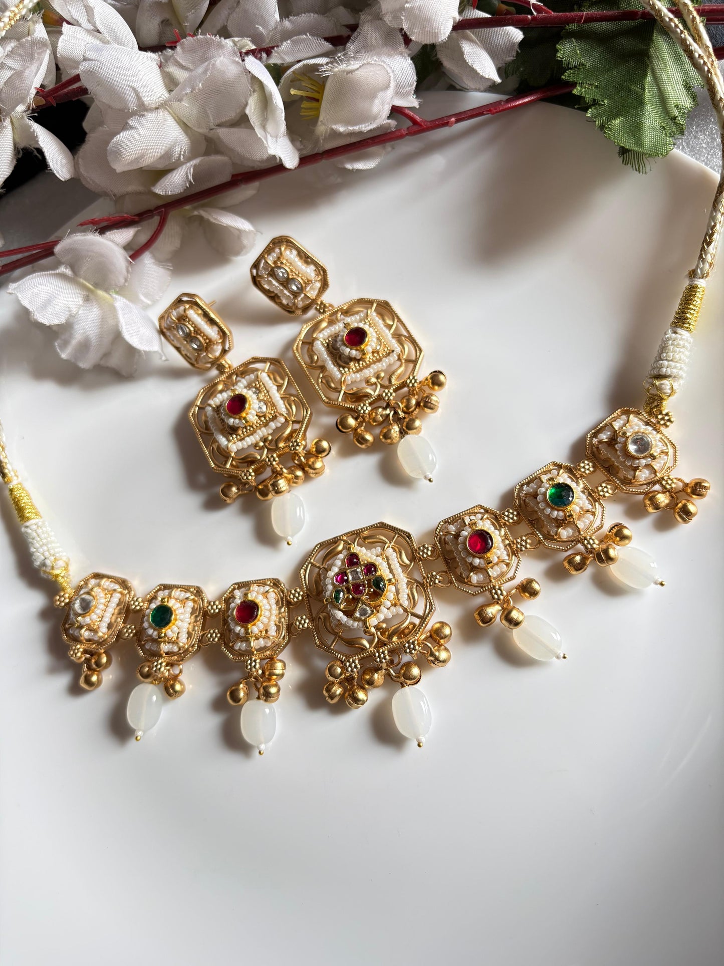 Gold Matt Kundan Choker Necklace Set  Bridal Statement Jewellery  Handcrafted Indian Kundan Jewellery | Premium Statement Necklace Set Online by Alankrent