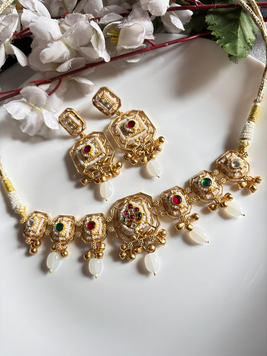 Gold Matt Kundan Choker Necklace Set  Bridal Statement Jewellery  Handcrafted Indian Kundan Jewellery | Premium Statement Necklace Set Online by Alankrent