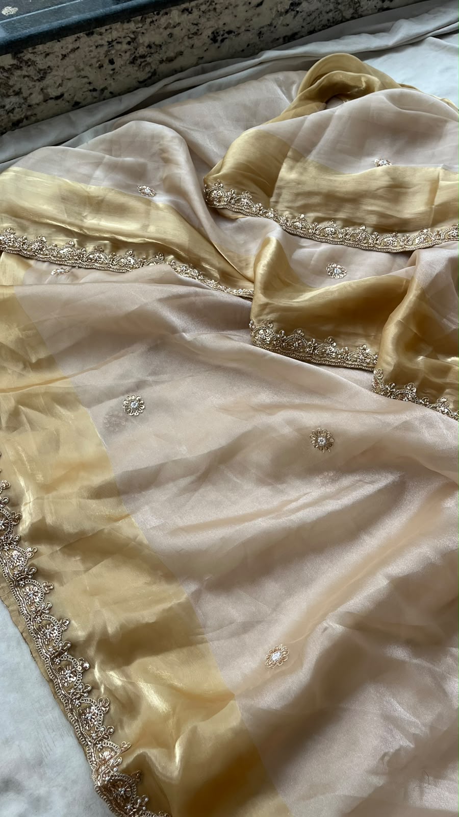 Aurelia Noor Champagne Gold Tissue Lycra Saree with Dual Tone Coding Work & Designer Border