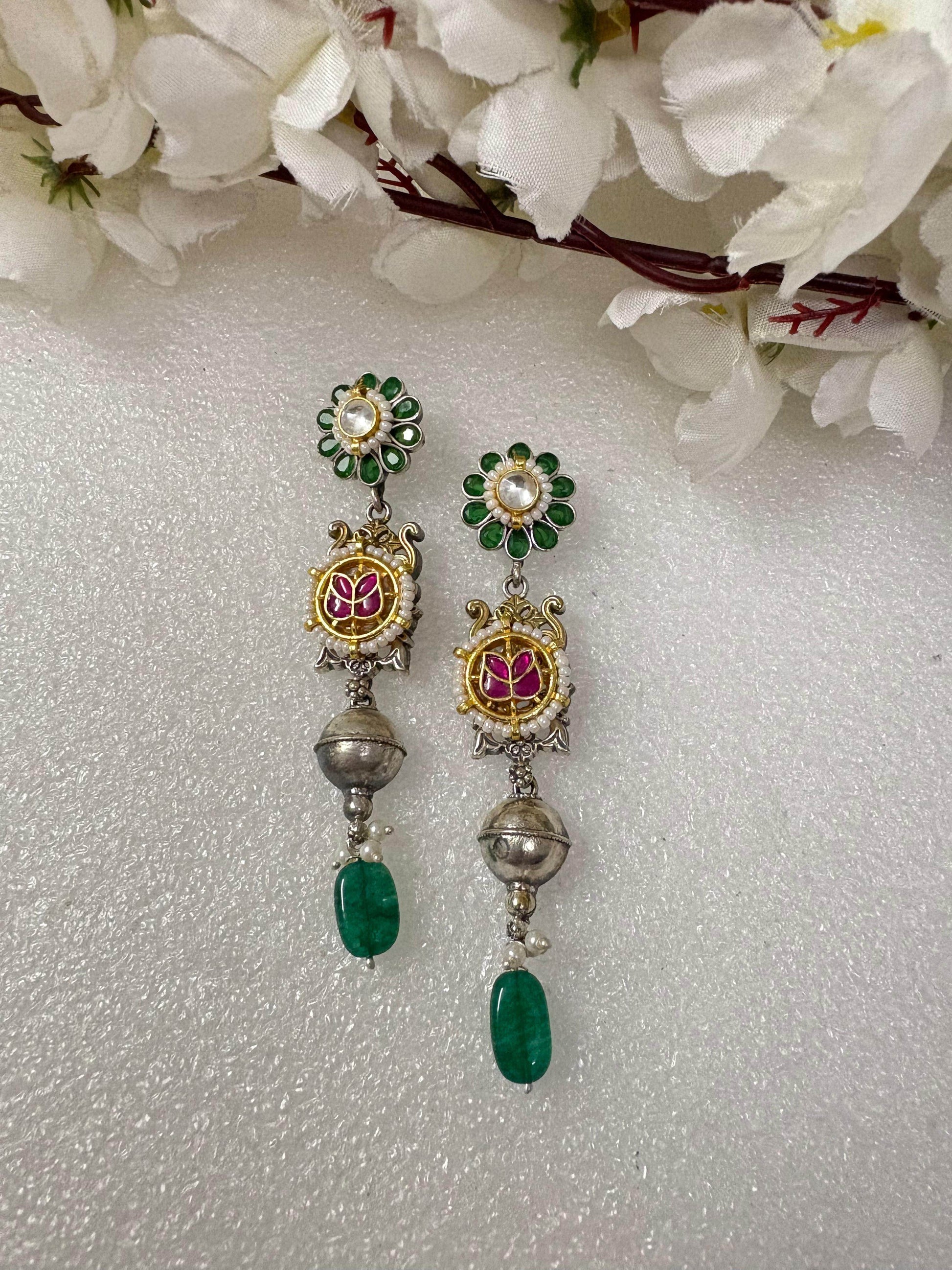 Aarohi Long Kundan Earrings | Kundan Fusion Stone Earrings Online - Alankrent Luxe