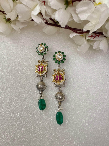 Aarohi Long Kundan Earrings | Kundan Fusion Stone Earrings Online - Alankrent Luxe