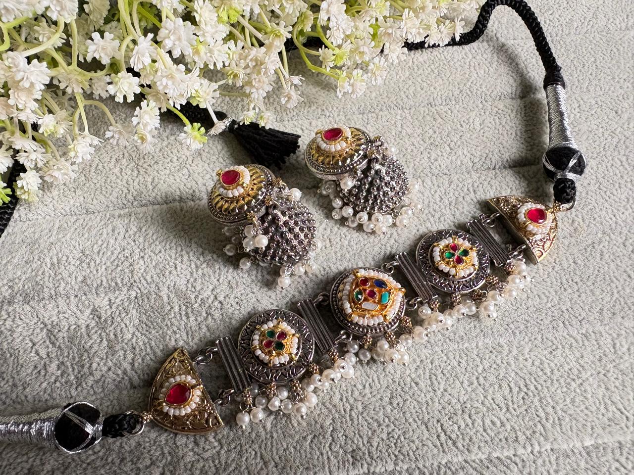 Rangmala Kundan Fusion Thread Choker Necklace with Jhumka Earrings | Navratri Jewellery