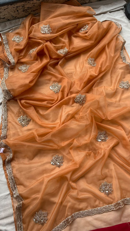 Aarohi Sunehri Tissue Saree | Peach Orange Tissue Saree with Pearl, Sequins & Coding Work and Contrast Silk Blouse