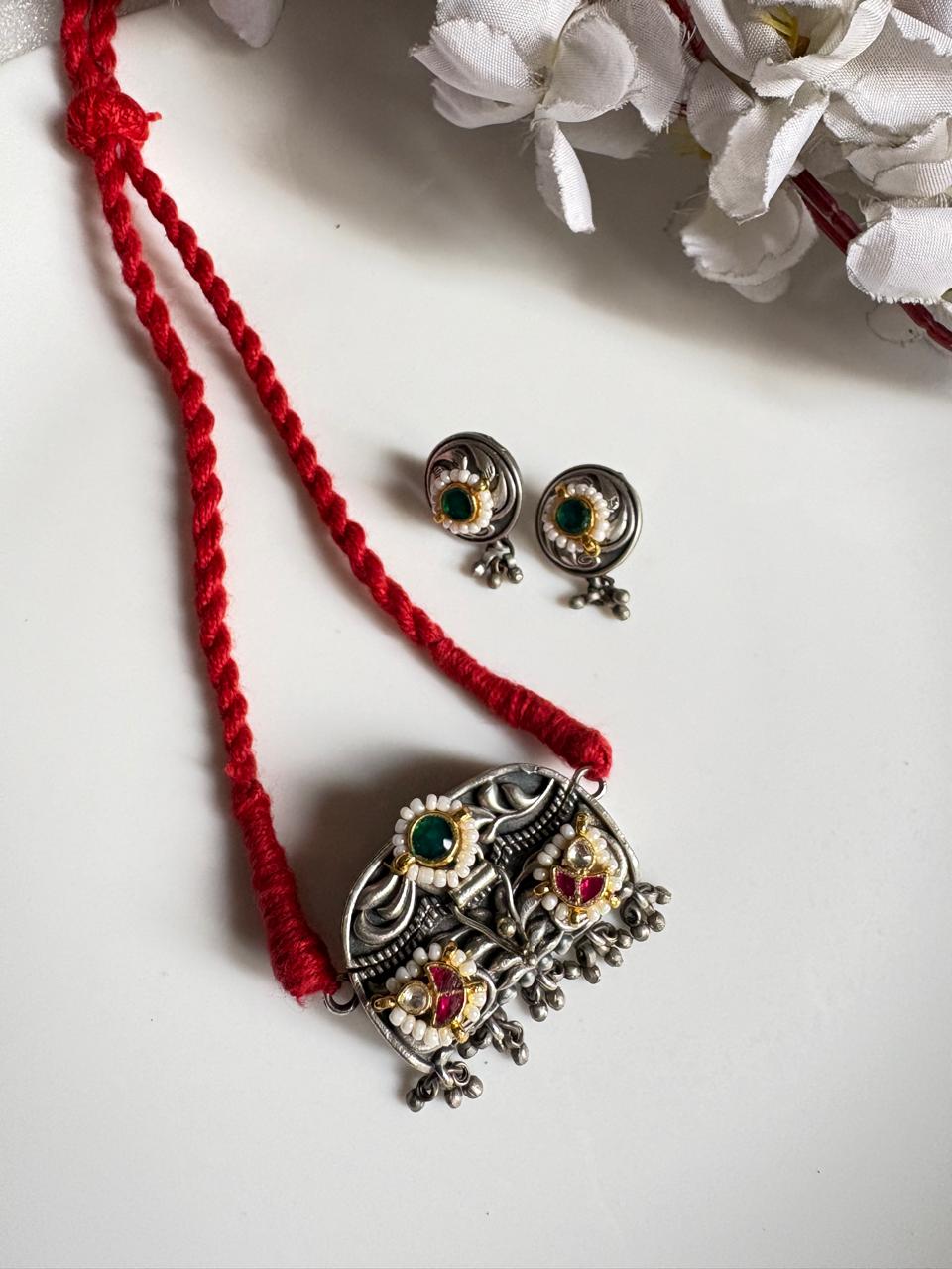 Rajasi Long SLA Thread Necklace with Kundan Fusion and Earrings | Indian Ethnic Jewellery Set