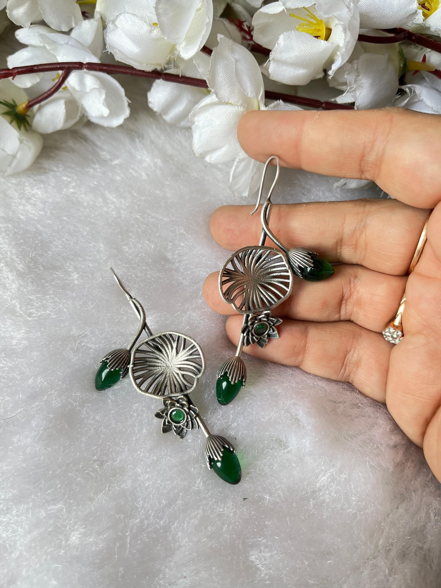 Lotus Bloom Silver Drop Earrings – Elegant Oxidised Floral Design with Stone Detailing