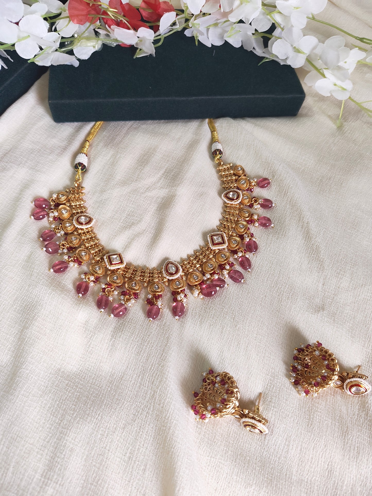 Vaidehi Gold Lookalike Jadtar Kundan Necklace Set with Rose Pink Bead Drops & Designer Jhumka Earrings | Bridal Jewellery