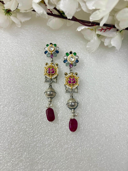 Aarohi Long Kundan Earrings | Kundan Fusion Stone Earrings Online - Alankrent Luxe