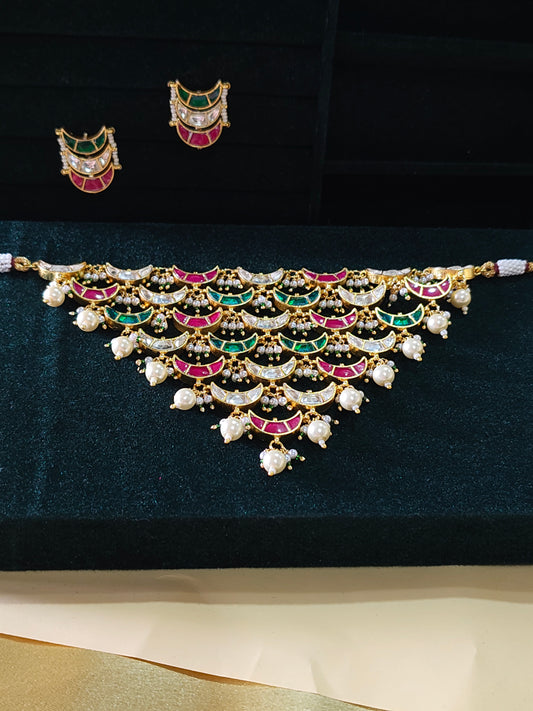 Meherza Raktika Veni Kundan Polki Multicolor Choker Necklace Set Festive Wedding Jewellery | Premium Indian Jewellery