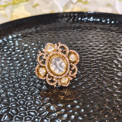 Ruhvika Polki Moissanite Statement Ring with CZ Diamonds Adjustable Cocktail Ring  | Moissanite Jewellery India | Premium Indian Jewellery