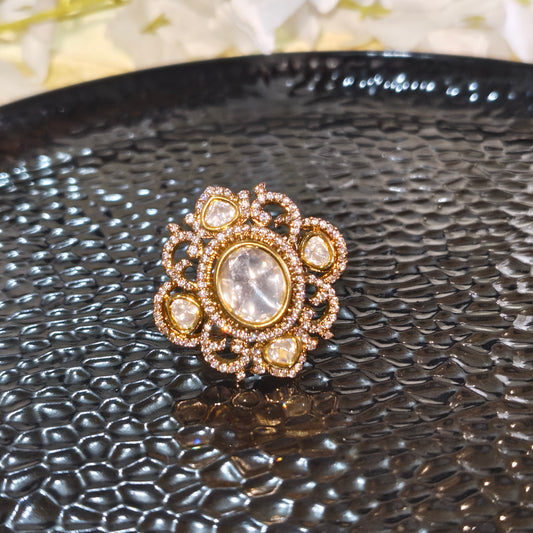 Polki Moissanite Statement Ring with CZ Diamonds Adjustable Cocktail Ring Alankrent | Moissanite Jewellery India