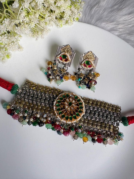 Meher Dualtone Kundan Statement Choker Necklace Set with Multicolor Beads