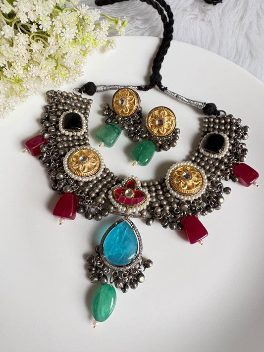 Rajasi Mayura Dual-Tone Choker | Kundan Fusion Dual Tone Choker Necklace Set with Earrings | SLA Silver Lookalike Polish