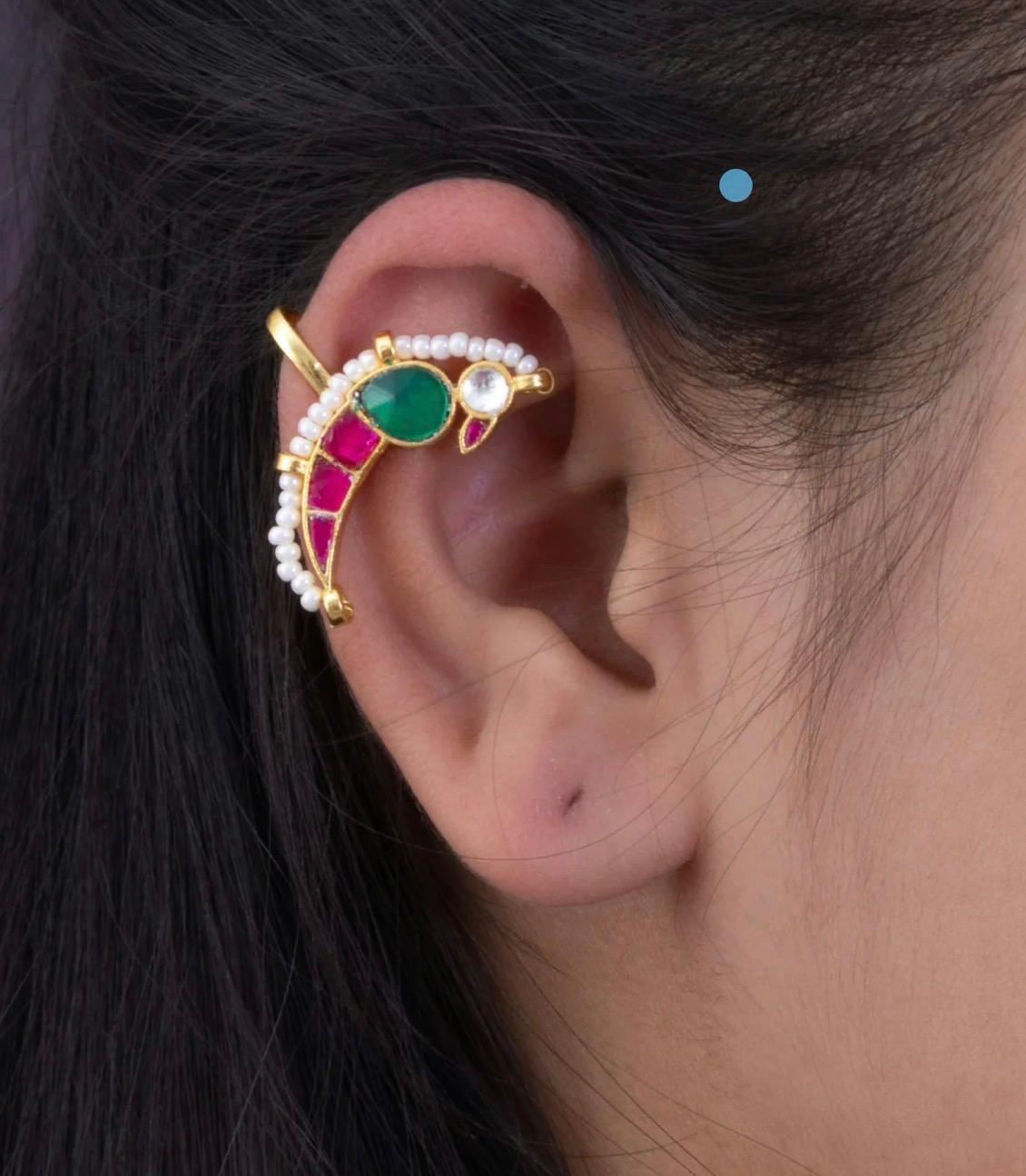 Premium Peacock Inspired Kundan Ear Cuff Bugadi with Pearl Border Wedding and Festive Jewellery Alankrent Luxe - Alankrent Luxe