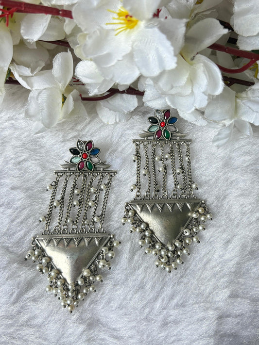 Silver Look Alike Long Tribal Earrings With Pearl Fringe Brass Base Oxidised Finish Alankrent Ak Lte - Alankrent Luxe