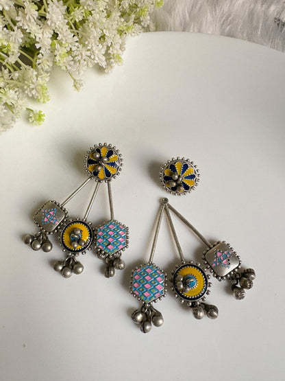 Miraaya Hand-Painted Multicolour Oxidised Silver Look Earrings