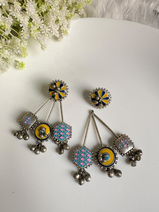 Miraaya Hand-Painted Multicolour Oxidised Silver Look Earrings