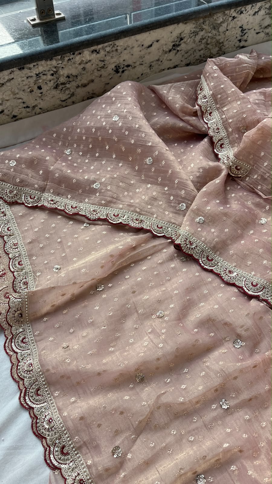 Gulnaar Royale Blush Pink Tissue Banarasi Saree with Pearl, Dori & Sequins Embroidery