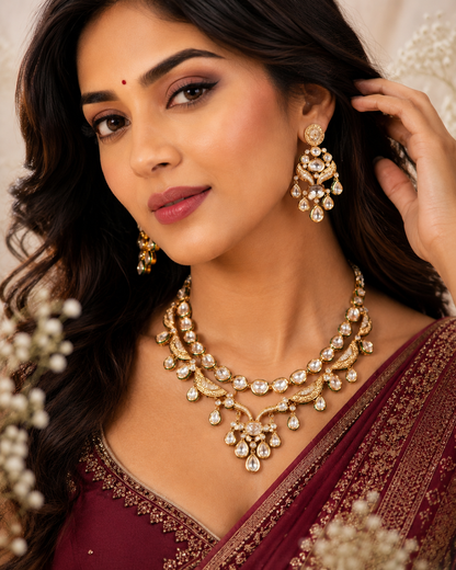 Aarunya Royale Layered Moissanite Polki Necklace Set | Luxury Bridal Statement Necklace with Designer Earrings | Premium Wedding Jewellery