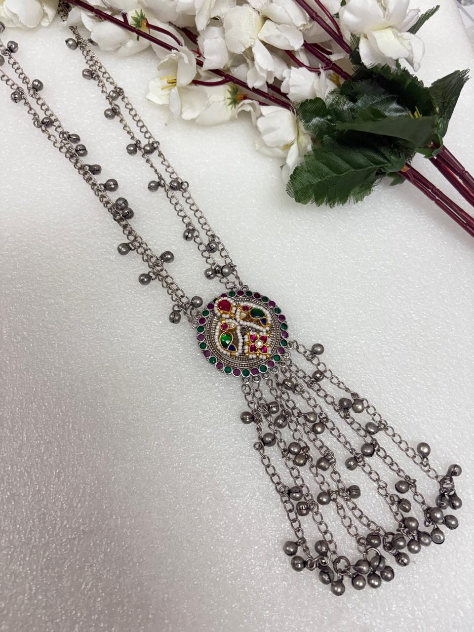 Tarangini Navrang Dual Tone SLA Kundan Long Chain Necklace with Beaded Tassels | Premium Ethnic Jewellery  Ready Stock | Alankrent | AK-CHAIN-LN04 by Alankrent