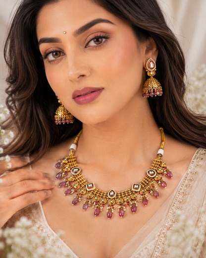 Vaidehi Gold Lookalike Jadtar Kundan Necklace Set with Rose Pink Bead Drops & Designer Jhumka Earrings | Bridal Jewellery