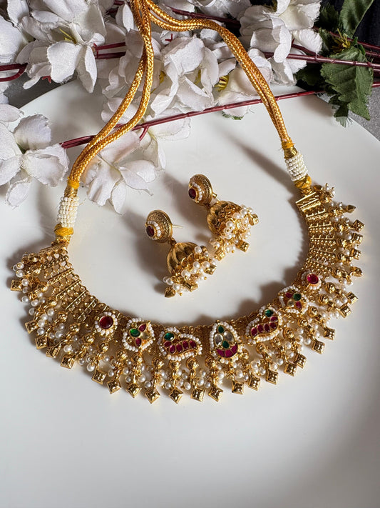 Gold Matt Kundan Necklace Set with Earrings – Limited Edition Wedding Jewellery – Handcrafted Indian Kundan Jewellery | Premium Statement Necklace Set Online