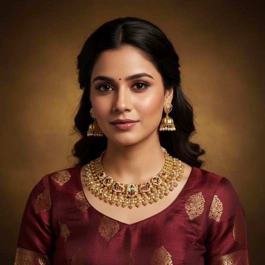Gold Matt Kundan Necklace Set with Earrings – Limited Edition Wedding Jewellery – Handcrafted Indian Kundan Jewellery | Premium Statement Necklace Set Online