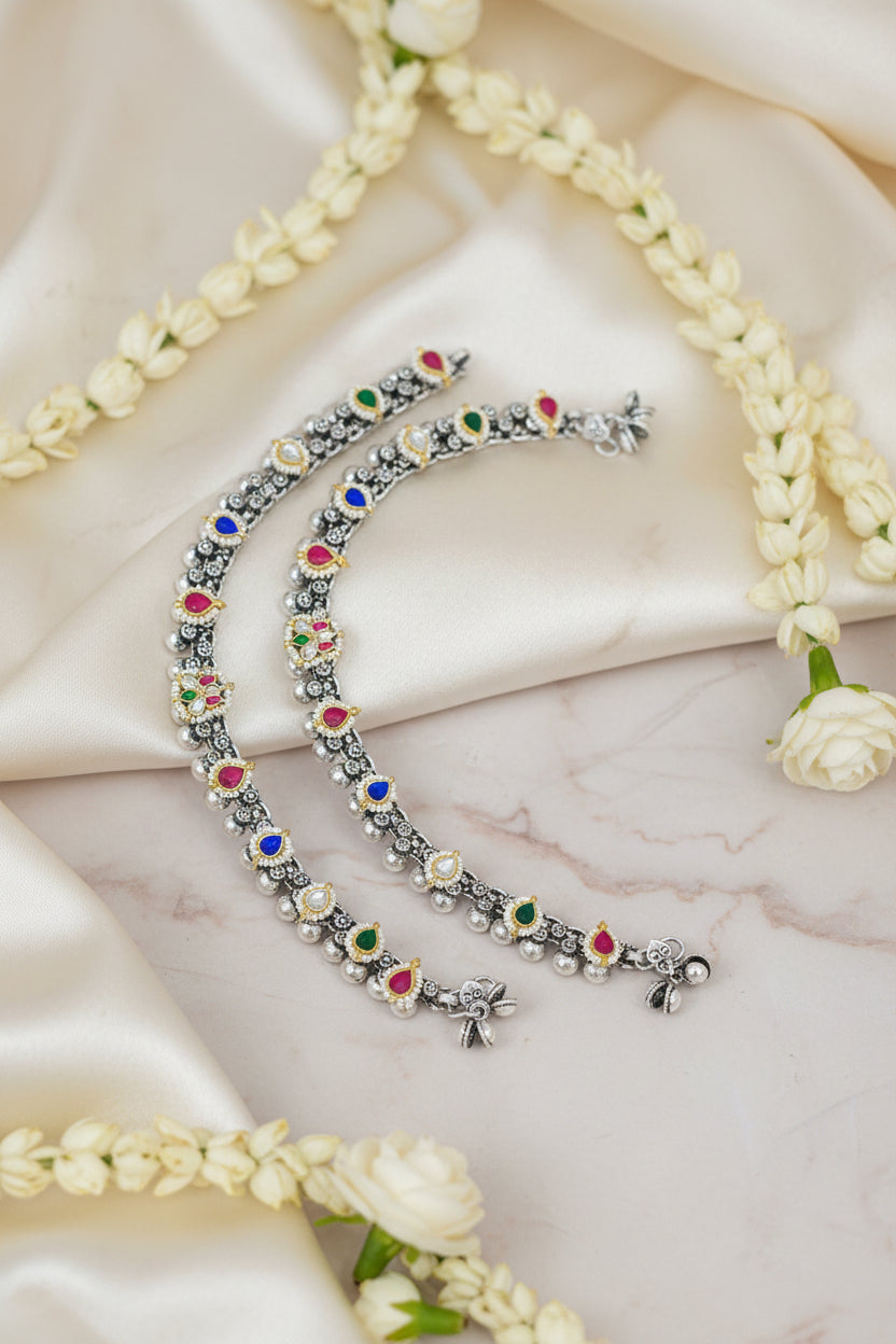 Ishani Kundan German Silver Payal | Multicolour Navratri Garba Anklet