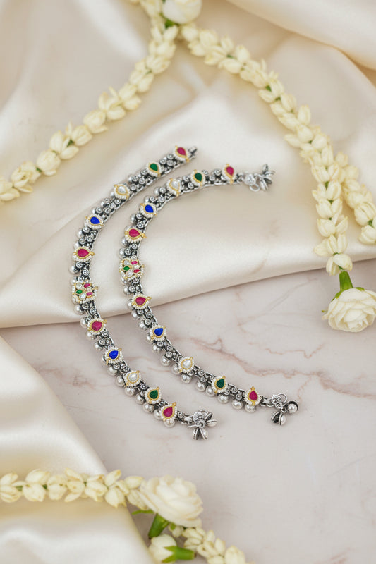 Ishani Kundan German Silver Payal | Multicolour Navratri Garba Anklet