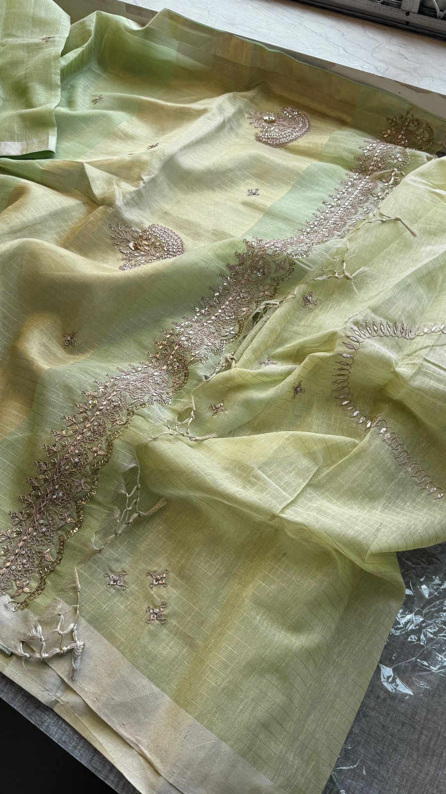 Premium Tissue Silk Banarasi Saree | Handcrafted Zardozi, Gota Patti & Pearl Work