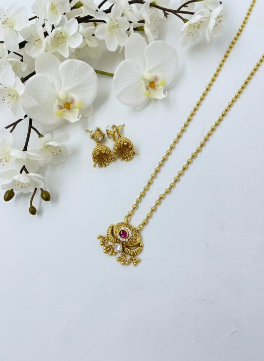 Shringarika Ruby Temple Pendant with Earrings | Lightweight Daily-Festive Jewellery | Traditional South Indian Design