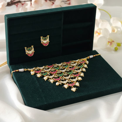 Meherza Raktika Veni Kundan Polki Multicolor Choker Necklace Set Festive Wedding Jewellery | Premium Indian Jewellery