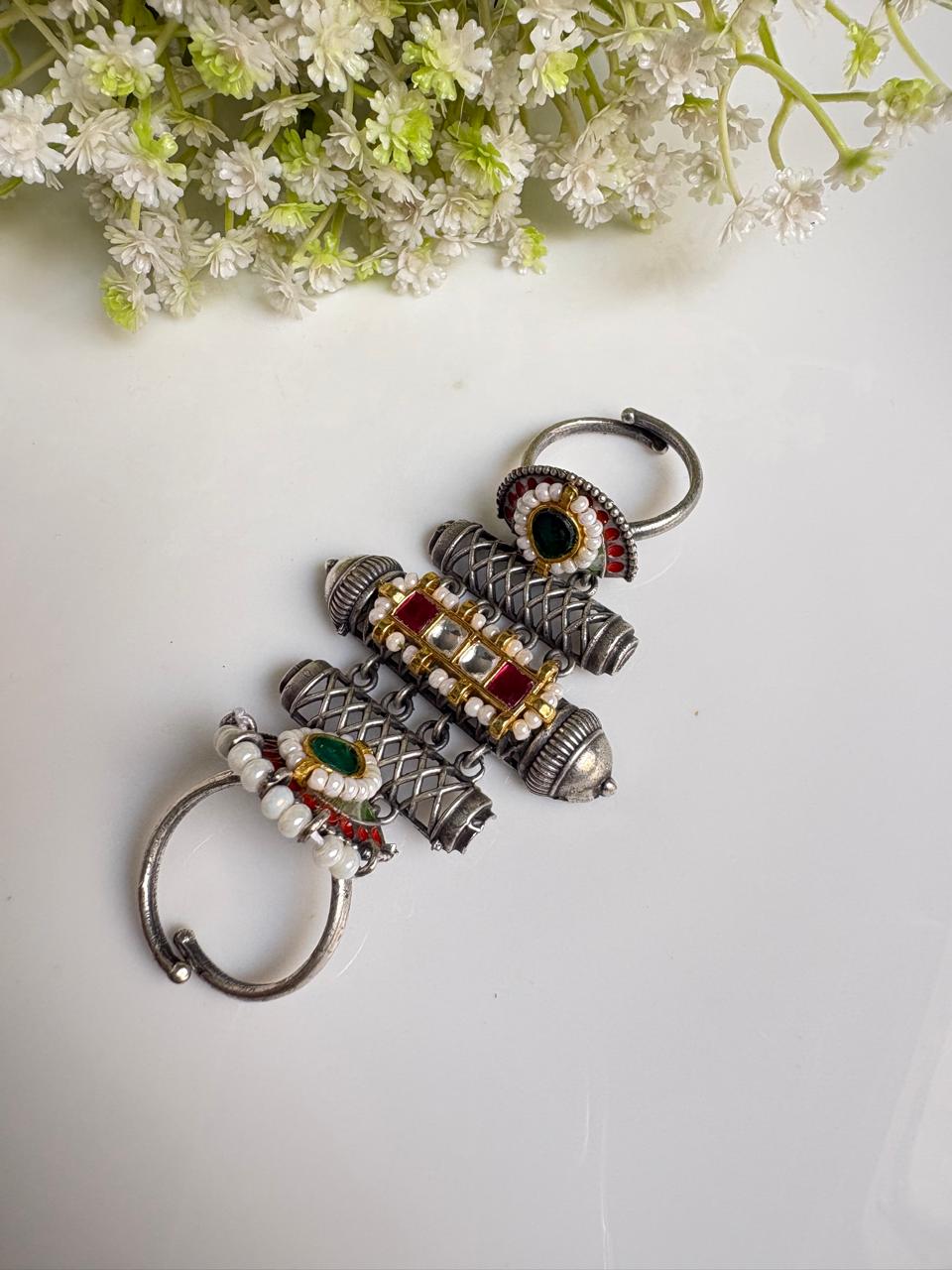 Aarohi Meena Kundan Fusion Double Adjustable Ring | Multicolour Statement Ring