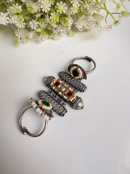 Aarohi Meena Kundan Fusion Double Adjustable Ring | Multicolour Statement Ring