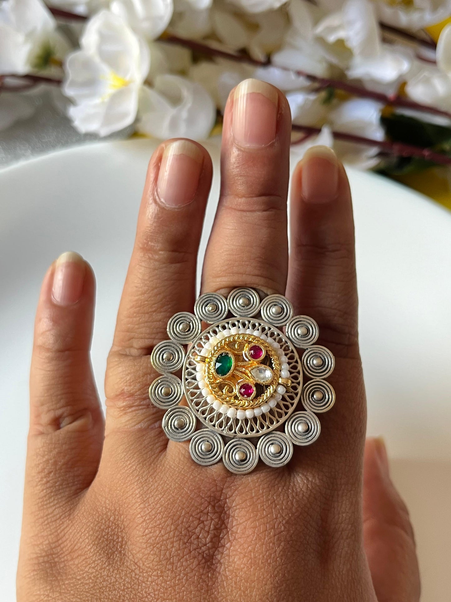 Surya Kundan Statement Ring | Adjustable Dual-Tone Ethnic Ring