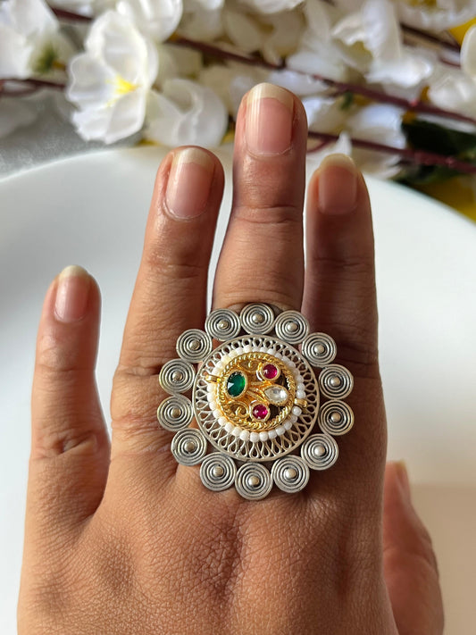 Surya Kundan Statement Ring | Adjustable Dual-Tone Ethnic Ring