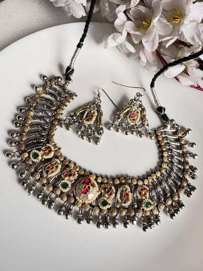 Rajvanshi Kundan Fusion Dual Tone Choker Necklace Set with Hook Earrings | Silver Look Alike Brass Jewellery