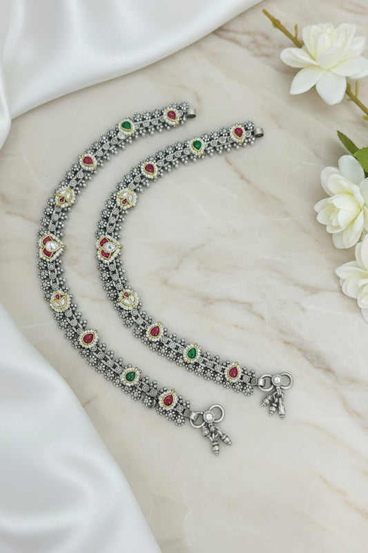 Aaradhya Kundan Floral German Silver Payal | Navratri Garba Anklet