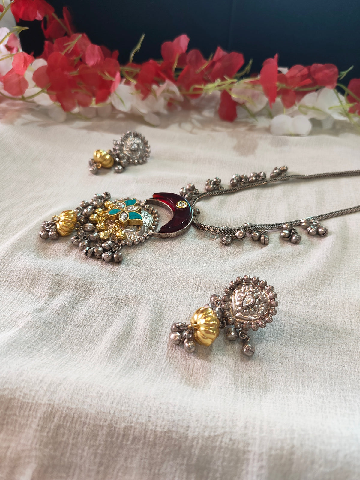 Rajvanshi Long Silver Lookalike Necklace Set with Oxidised Finish & Earrings | Navratri Jewellery