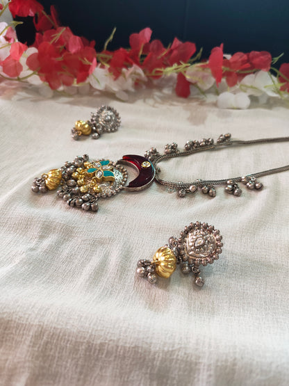 Rajvanshi Long Silver Lookalike Necklace Set with Oxidised Finish & Earrings | Navratri Jewellery