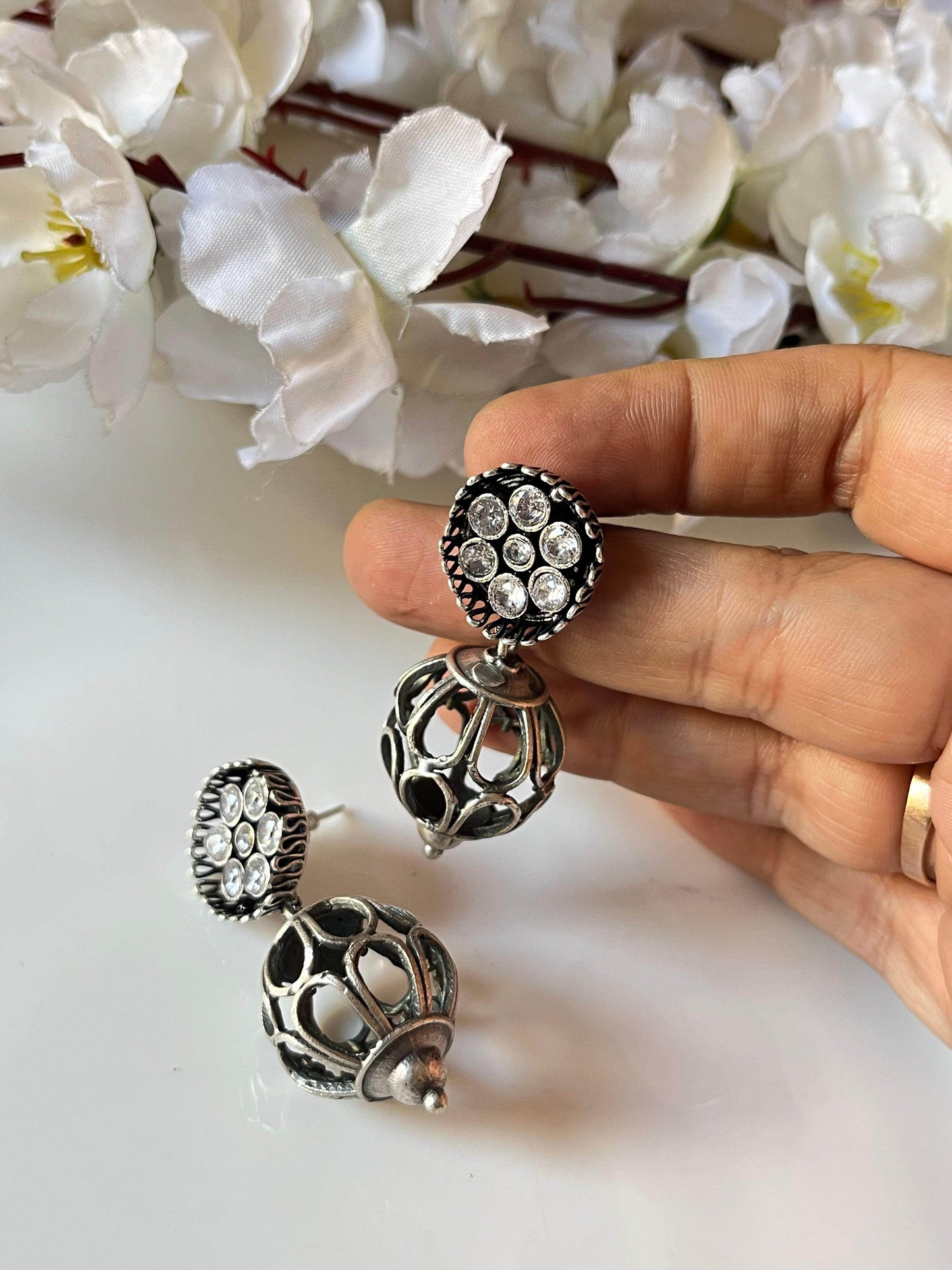 Silver lookalike Dome Jhumkas - Alankrent Luxe