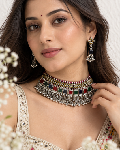 Aaina Rang Mirror Glass Choker with Earrings | Multicolour Statement Imitation Jewellery | Navratri Jewellery